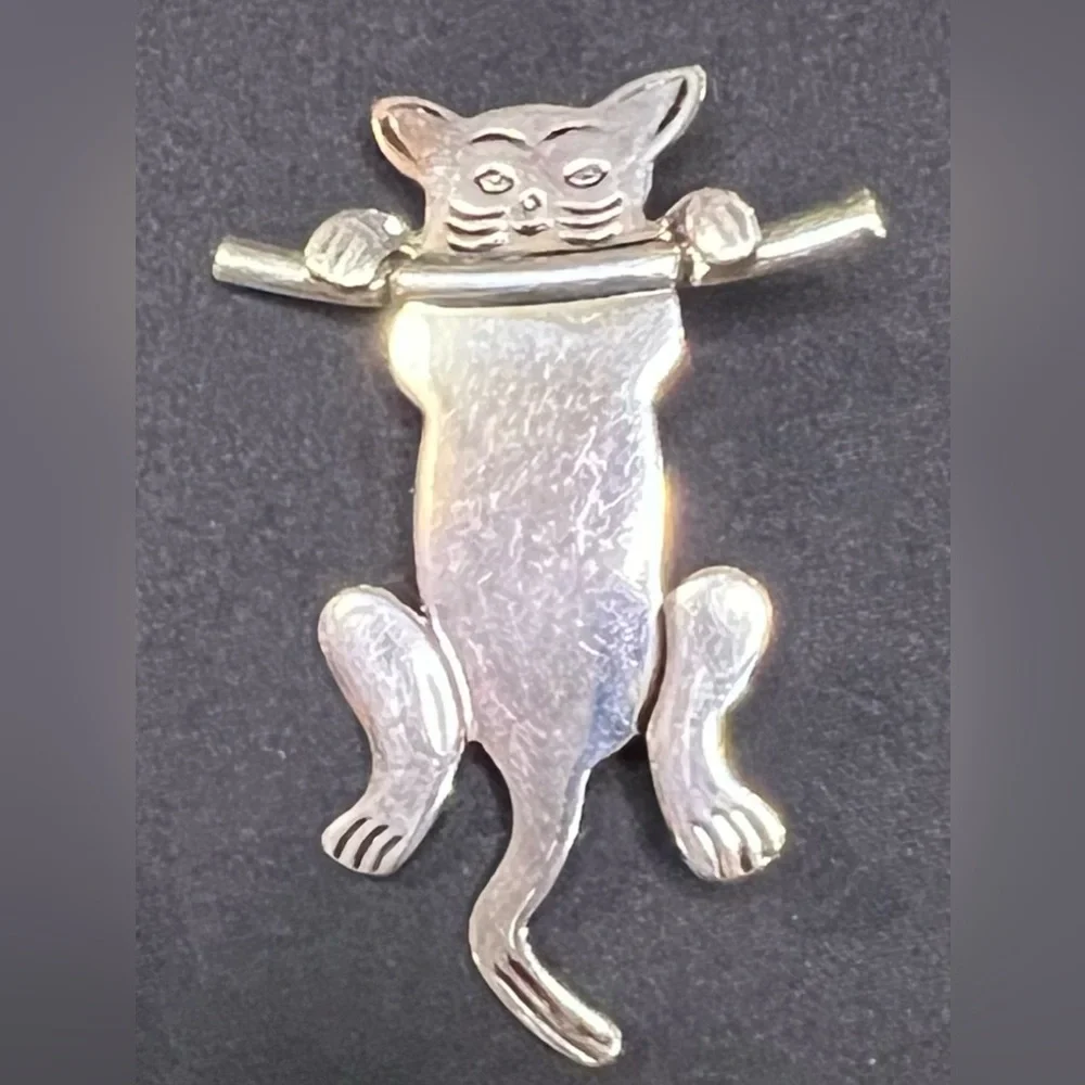 Vintage Cat Kitty Hanging from a Branch Silver Plated Brooch / Pin
